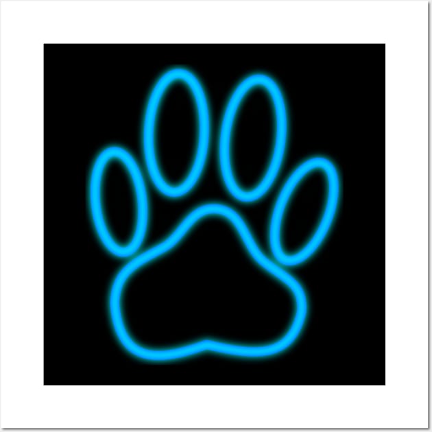 Blue Neon Dog Paw Print Wall Art by Braznyc